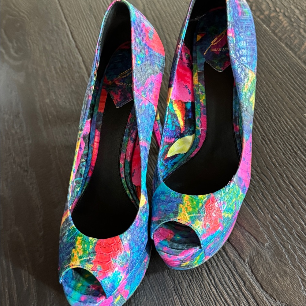 Brian Atwood Blue and Pink High Heel Peep-Toe Shoes